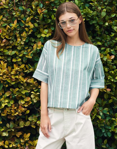 Striped turn up blouse