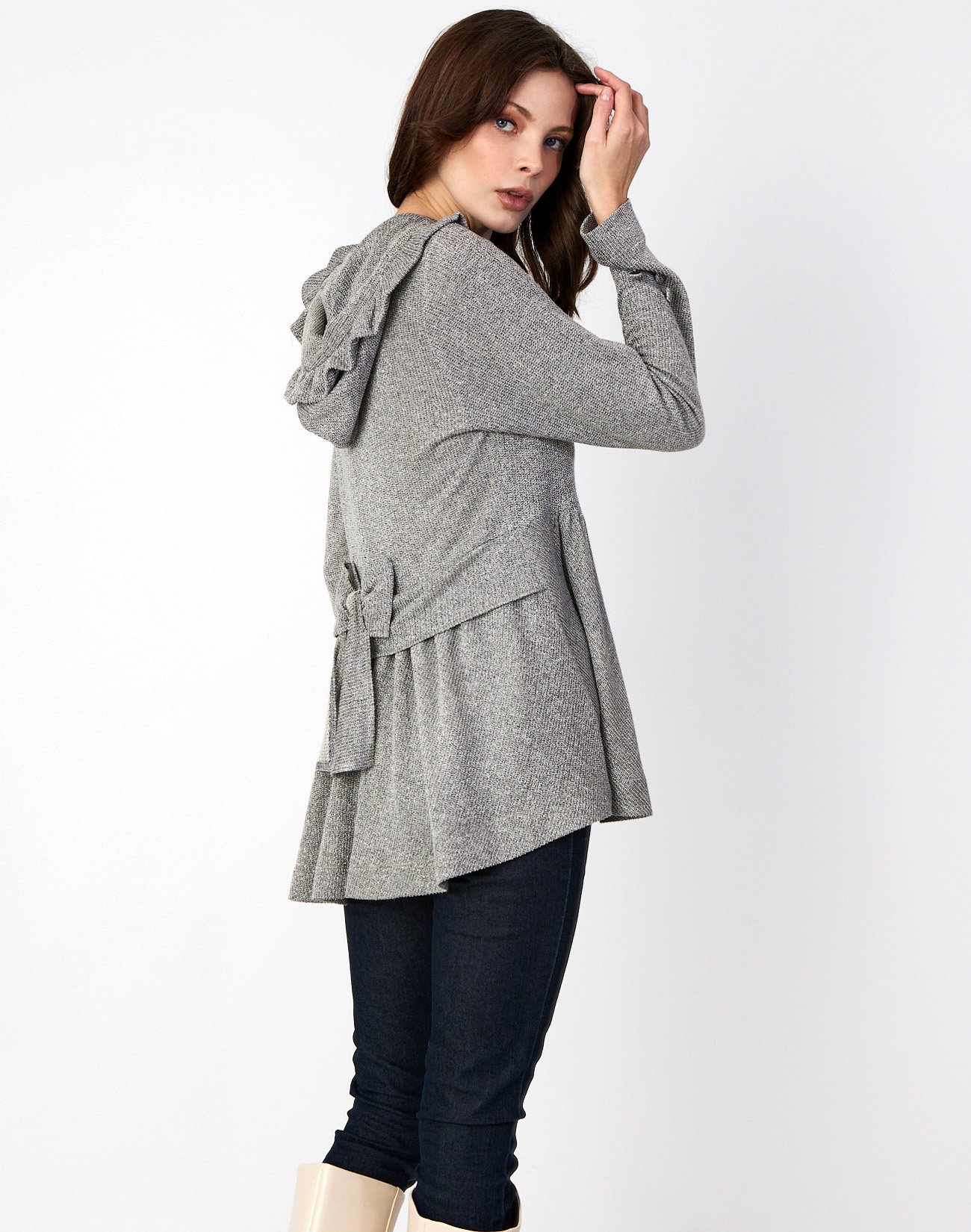 Hooded cardigan with bow