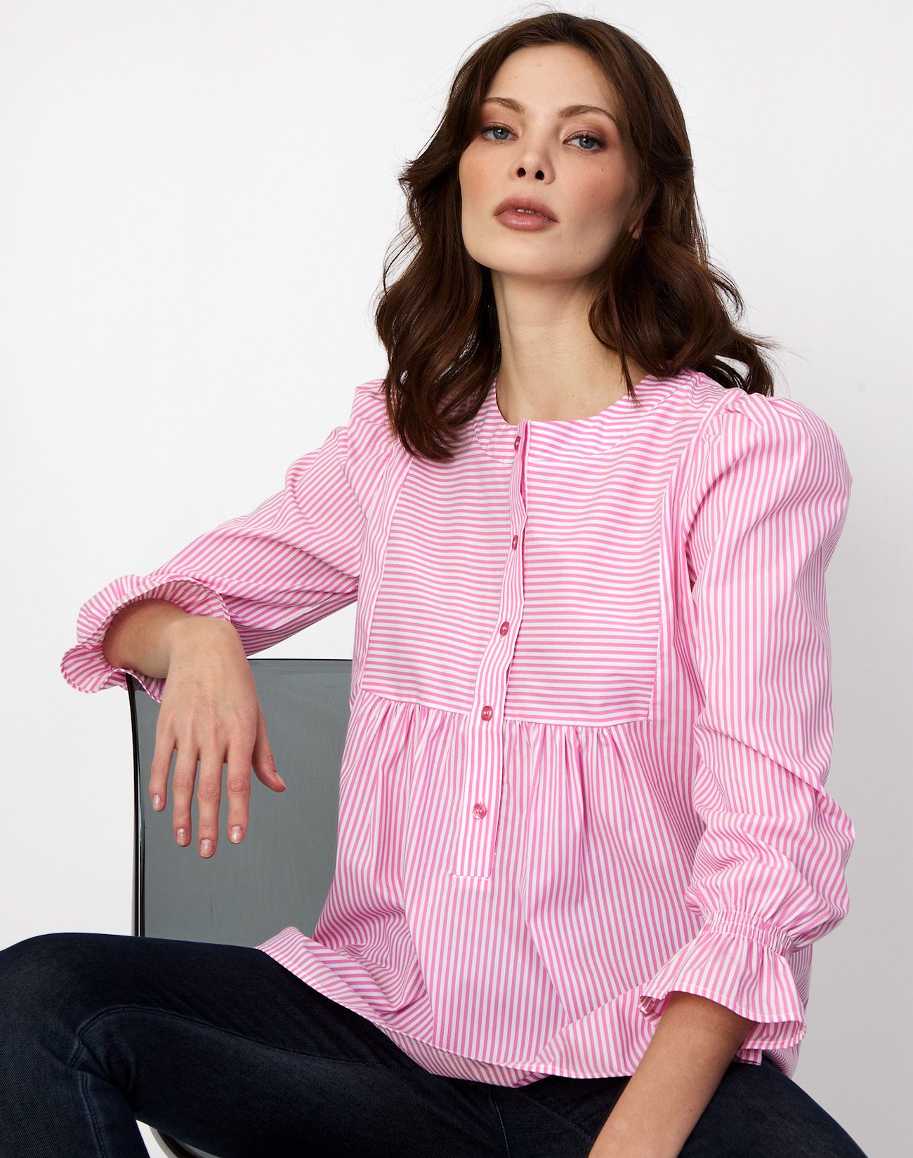 Striped shirt with pleating detail