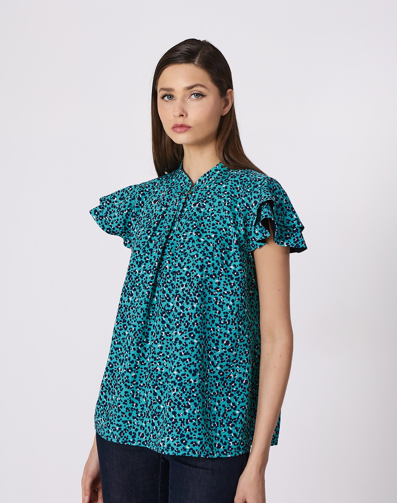 Printed top with double ruffles