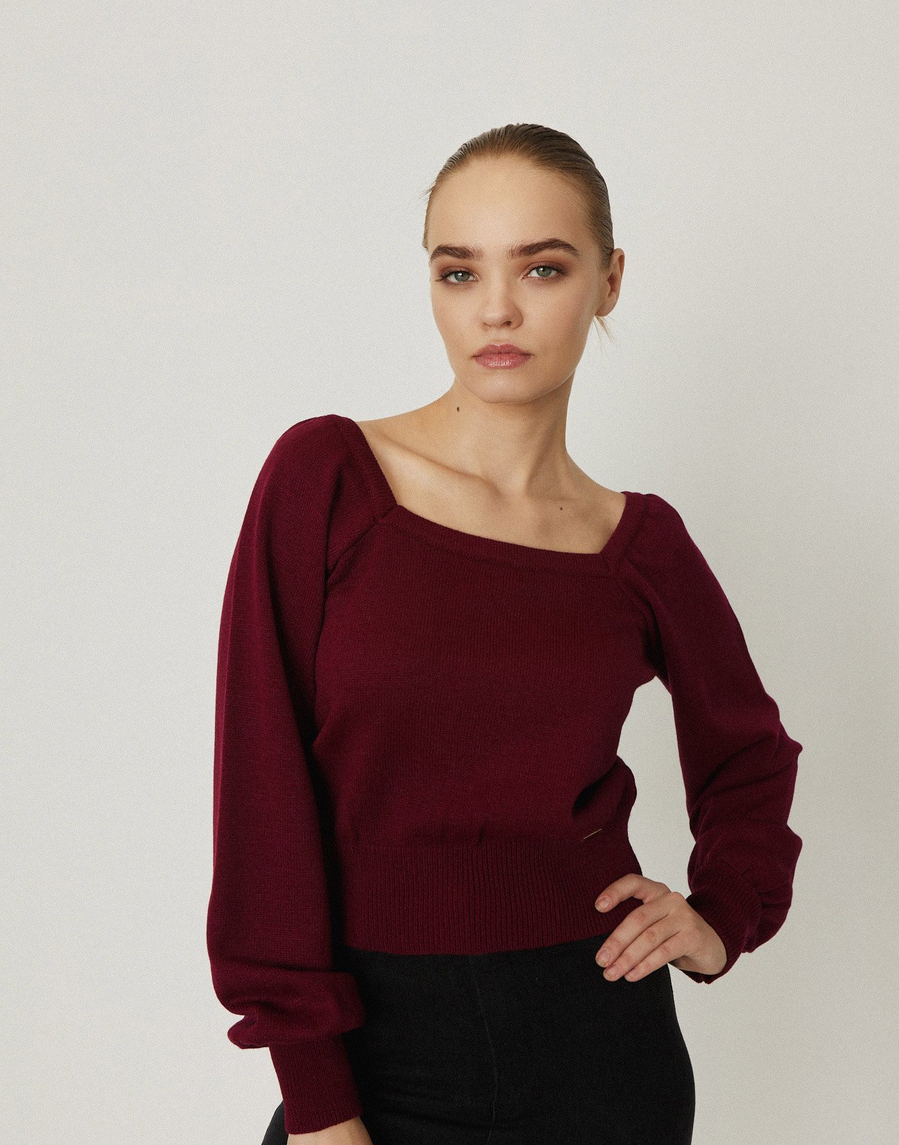 Knit sweater with square-cut neck