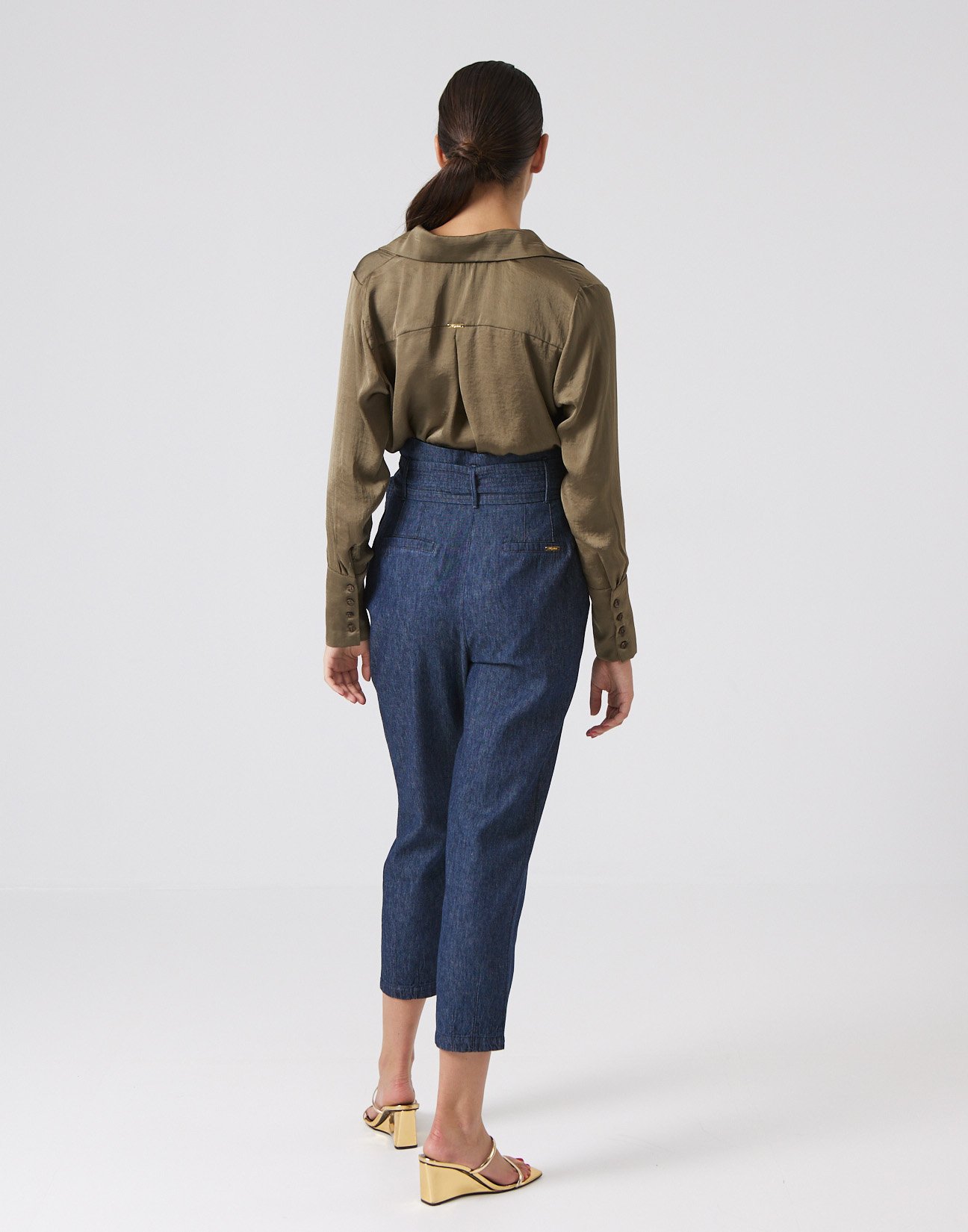 Linen blend trousers with denim effect