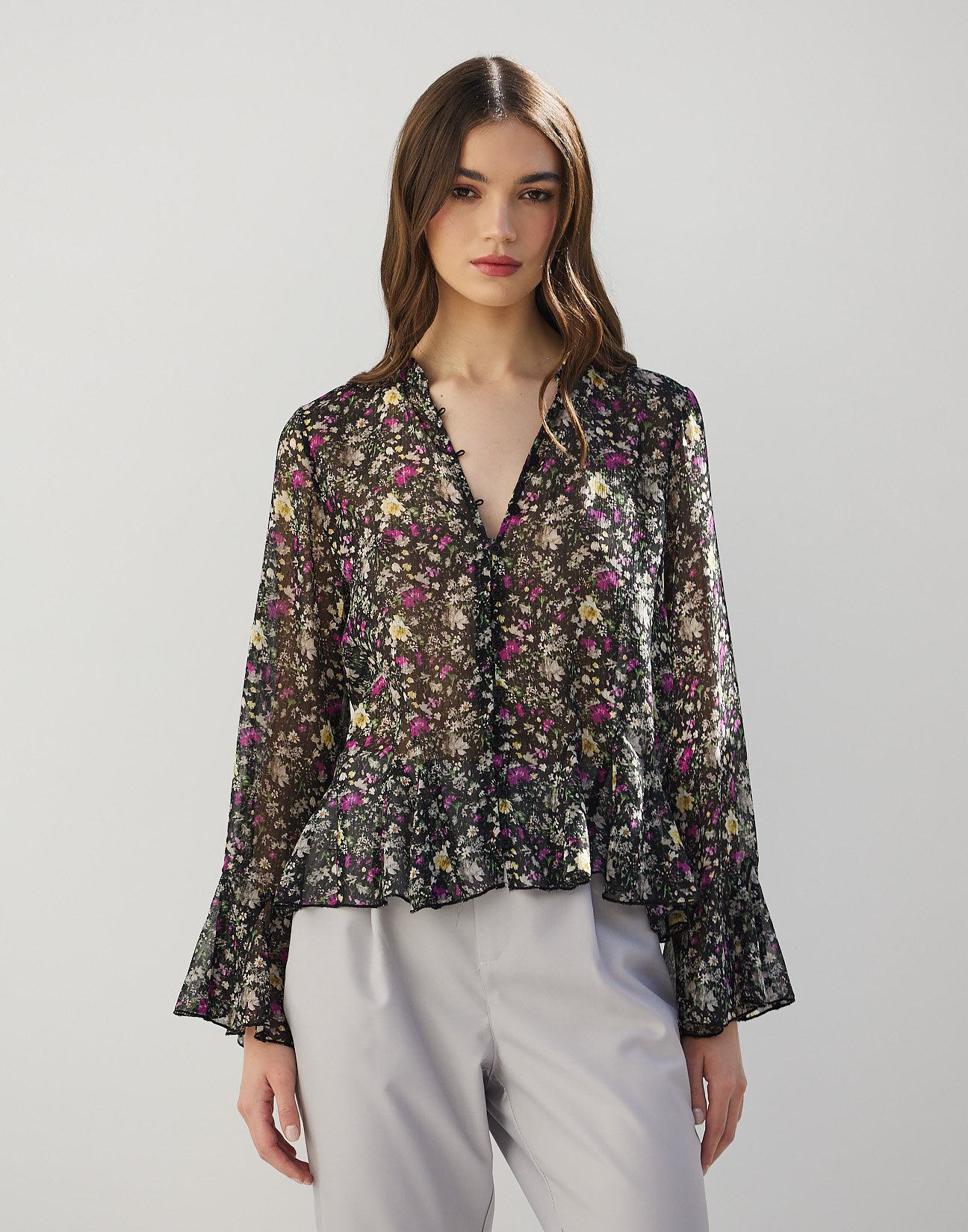 Printed top with ruffles