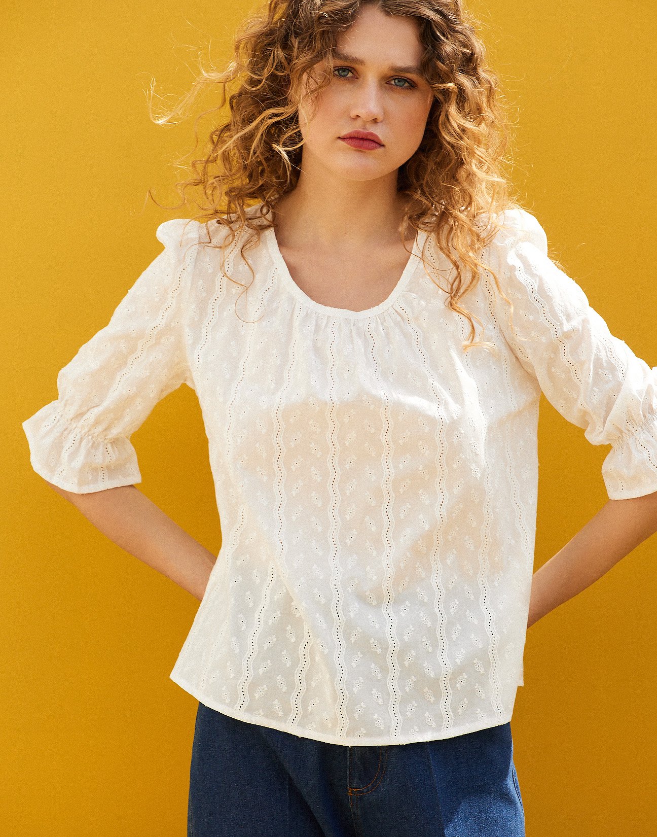 Blouse with cutwork embroidery