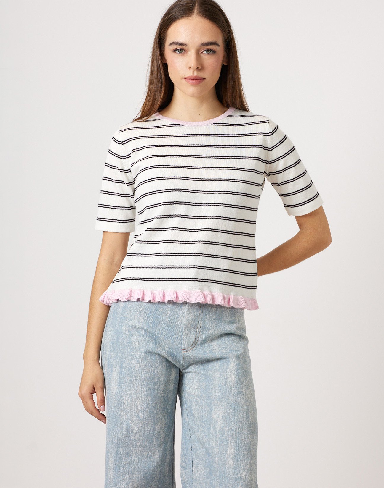 Striped knit blouse with ruffles