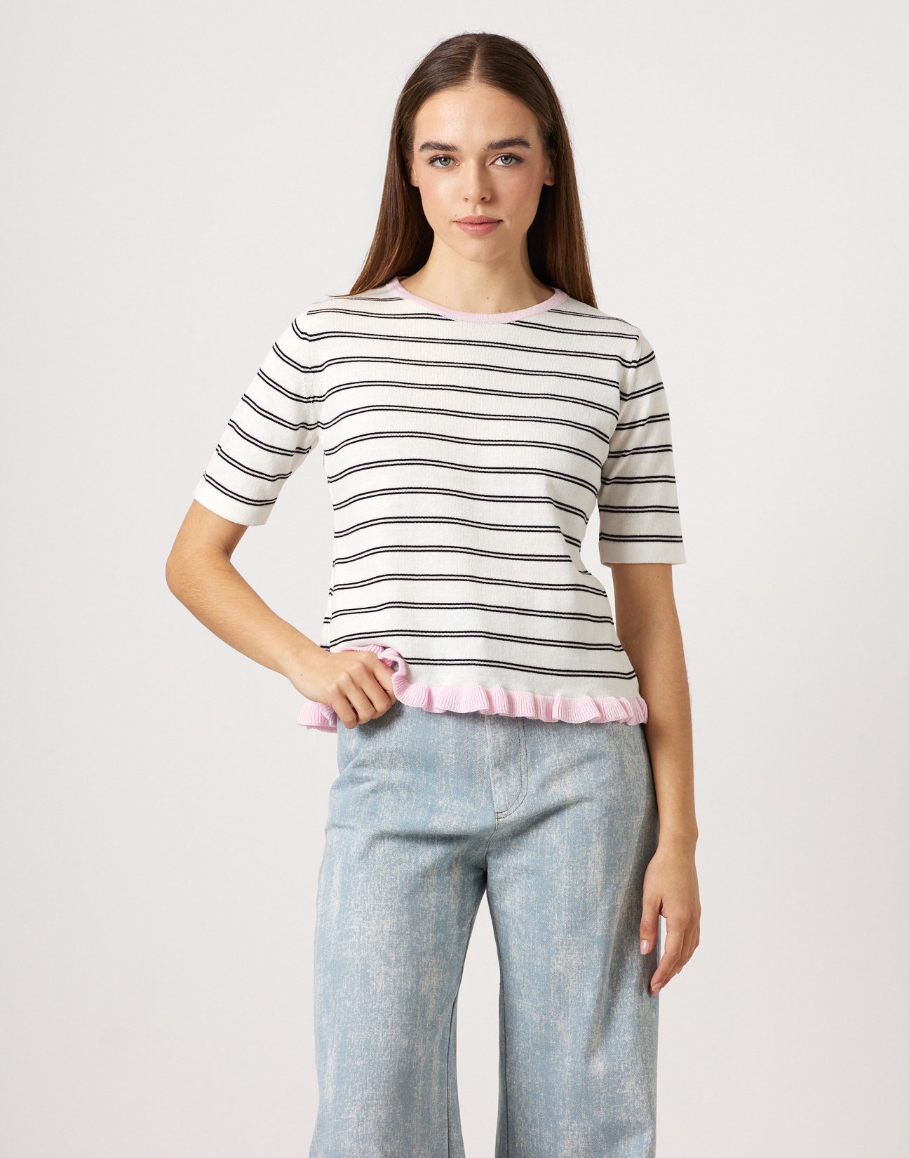 Striped knit blouse with ruffles