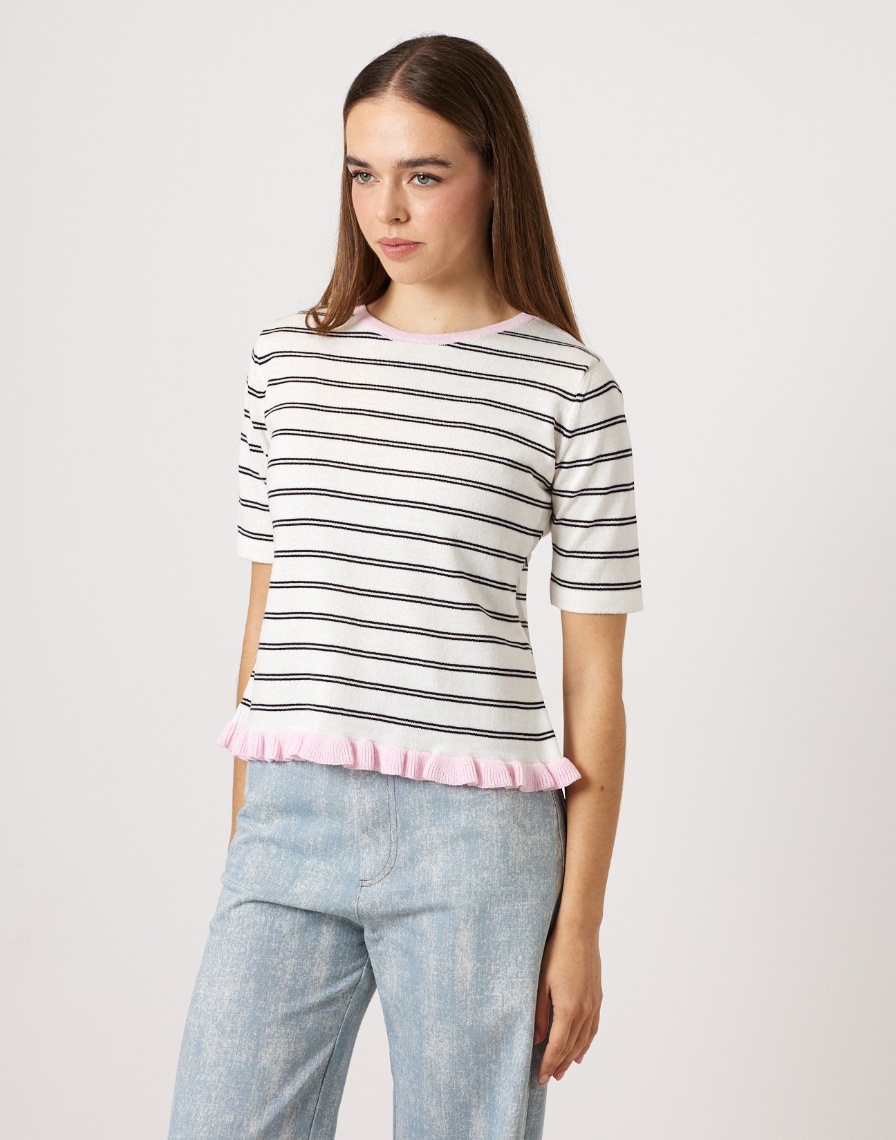 Striped knit blouse with ruffles