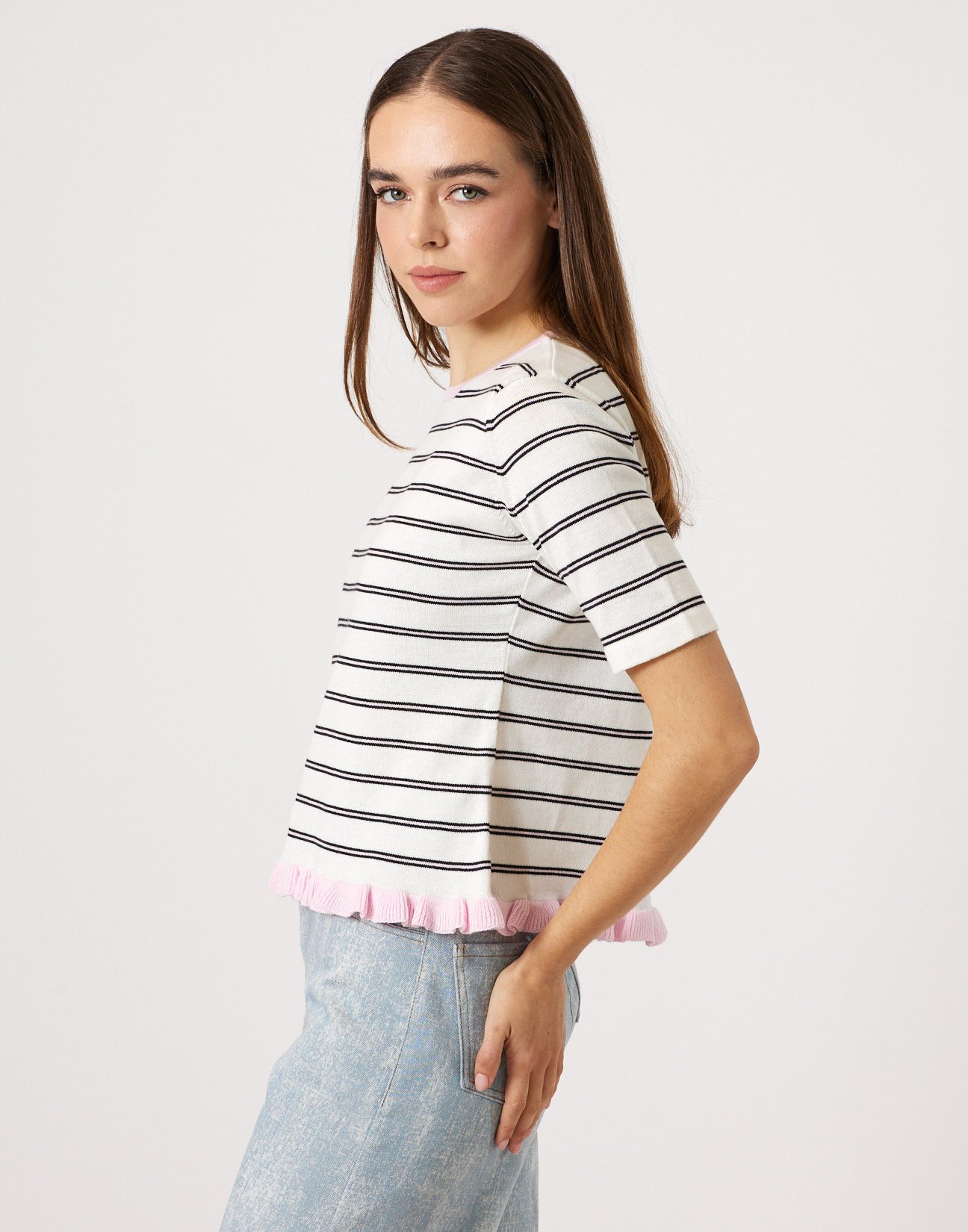 Striped knit blouse with ruffles