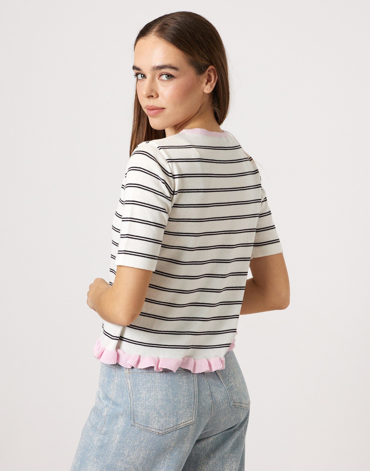 Striped knit blouse with ruffles