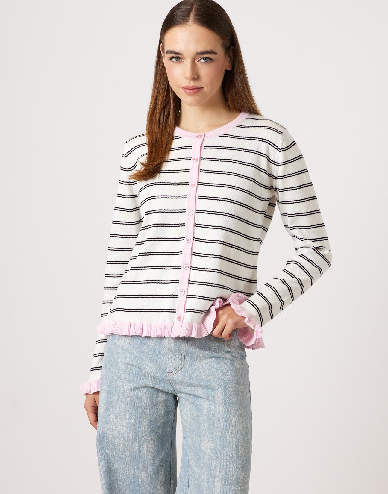 Striped knit cardigan with ruffles