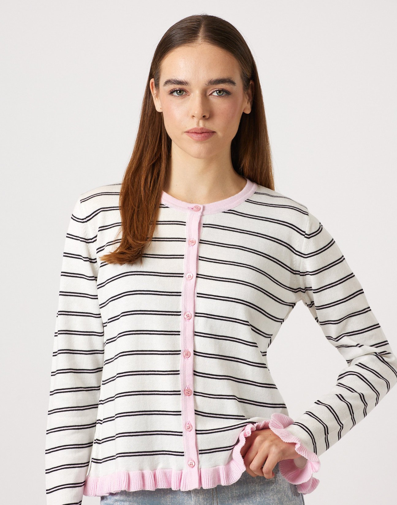 Striped knit cardigan with ruffles