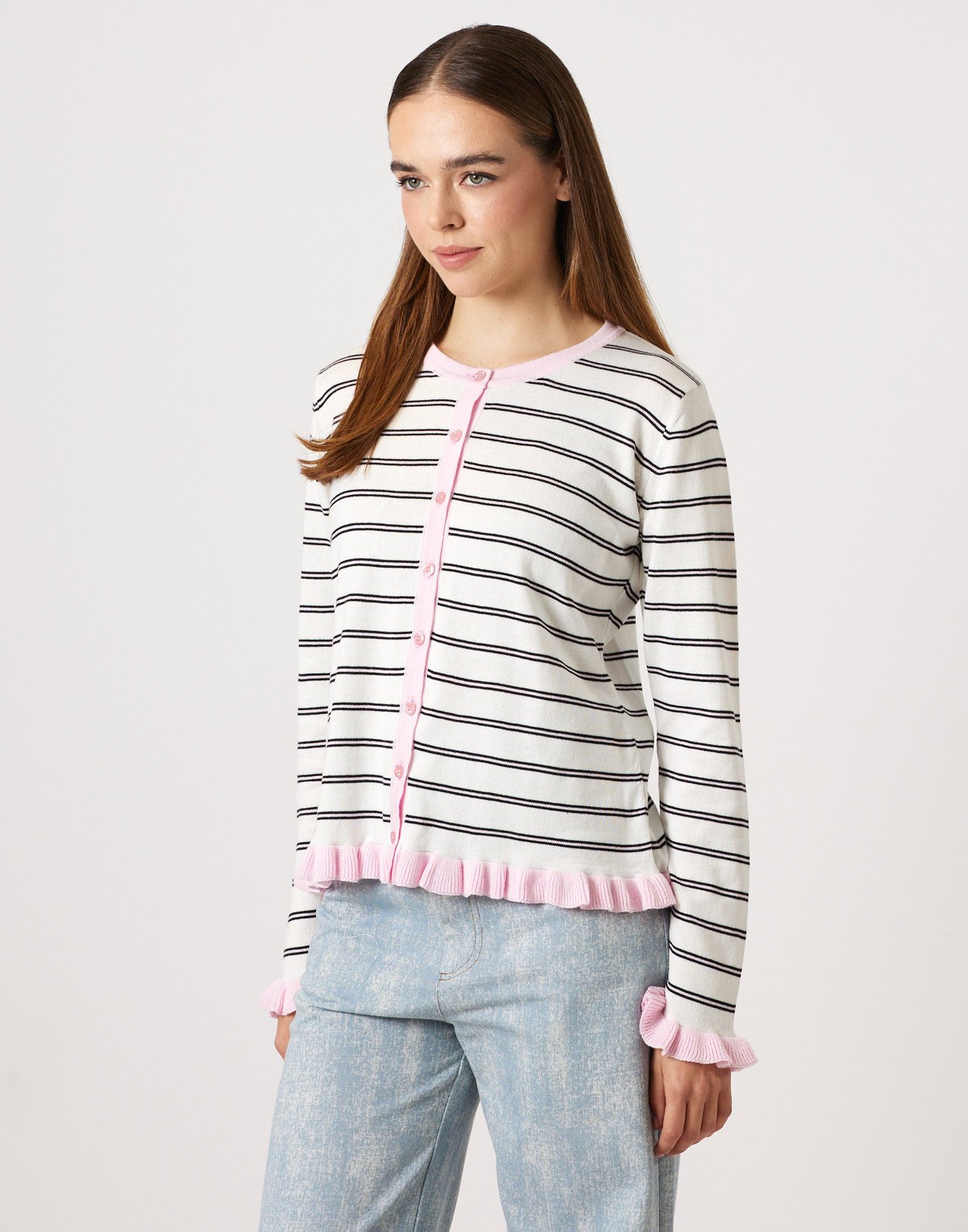 Striped knit cardigan with ruffles
