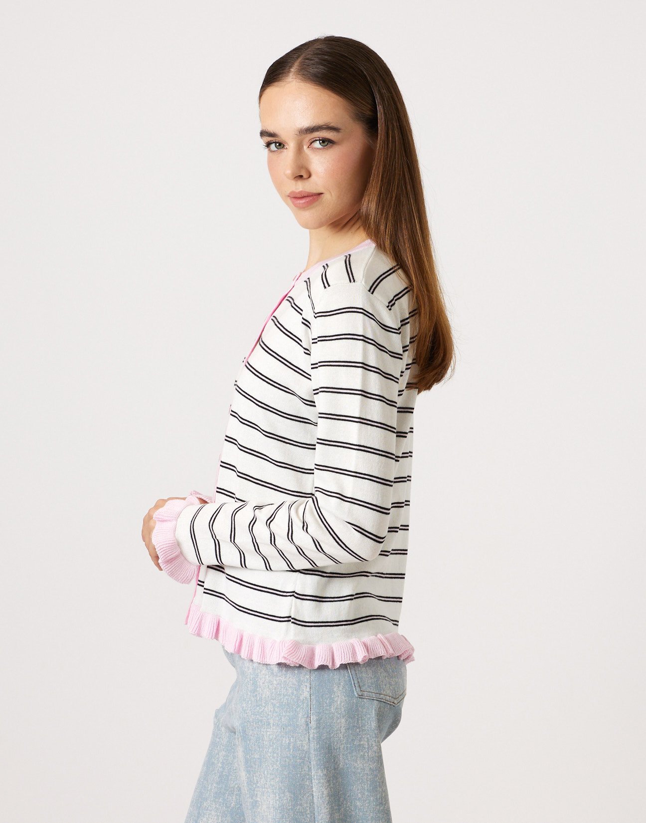 Striped knit cardigan with ruffles