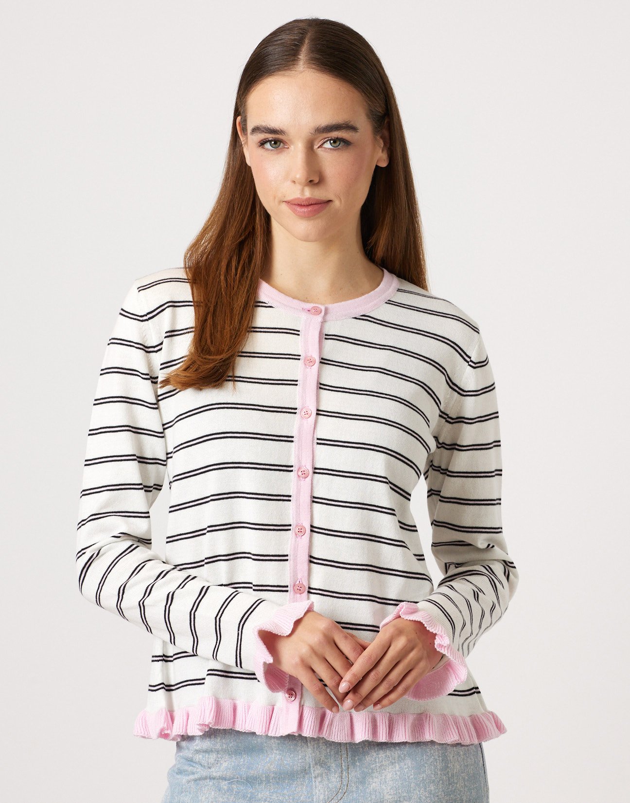Striped knit cardigan with ruffles
