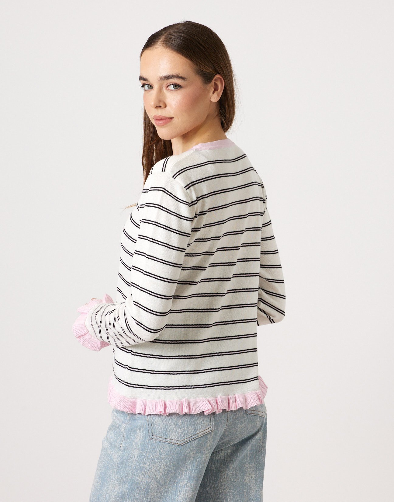 Striped knit cardigan with ruffles