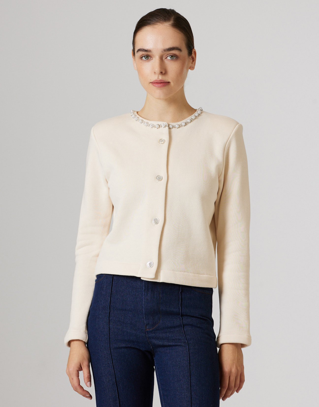 Sweatshirt cardigan with rhinestone