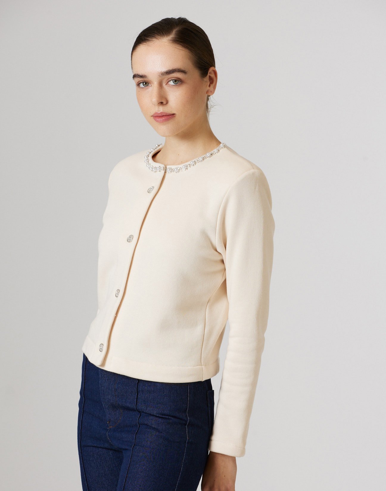Sweatshirt cardigan with rhinestone