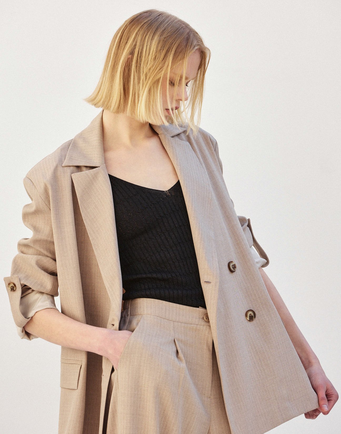 Pinstripe blazer with turn up sleeves
