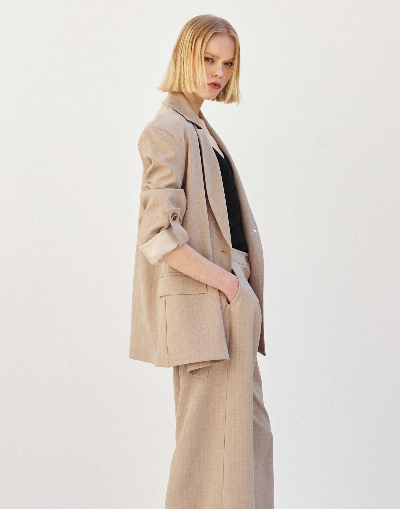 Pinstripe blazer with turn up sleeves