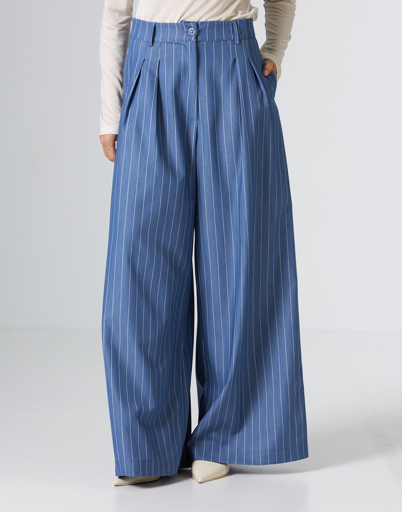 Pinstripe trousers with pleats