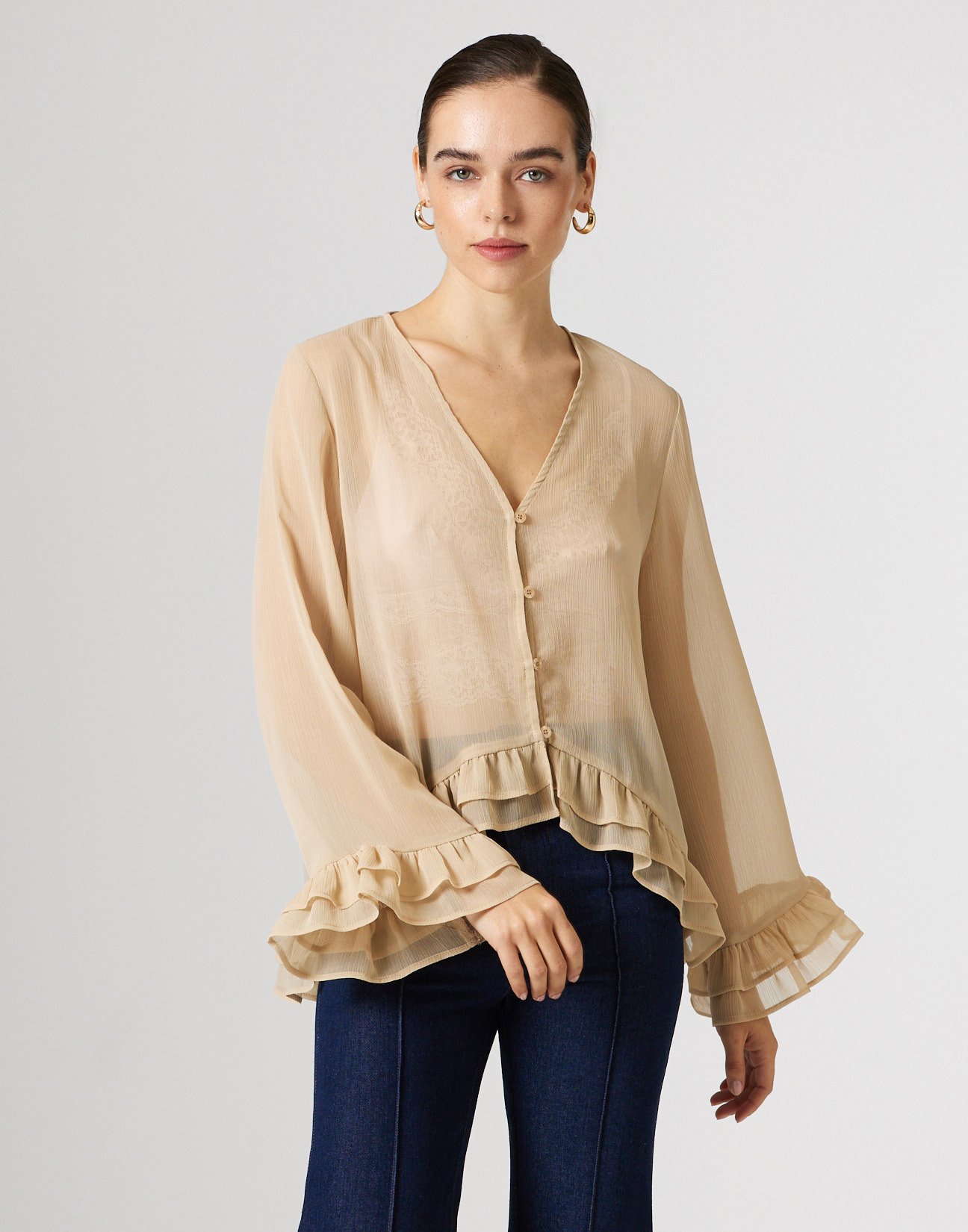 Semi sheer shirt with ruffles
