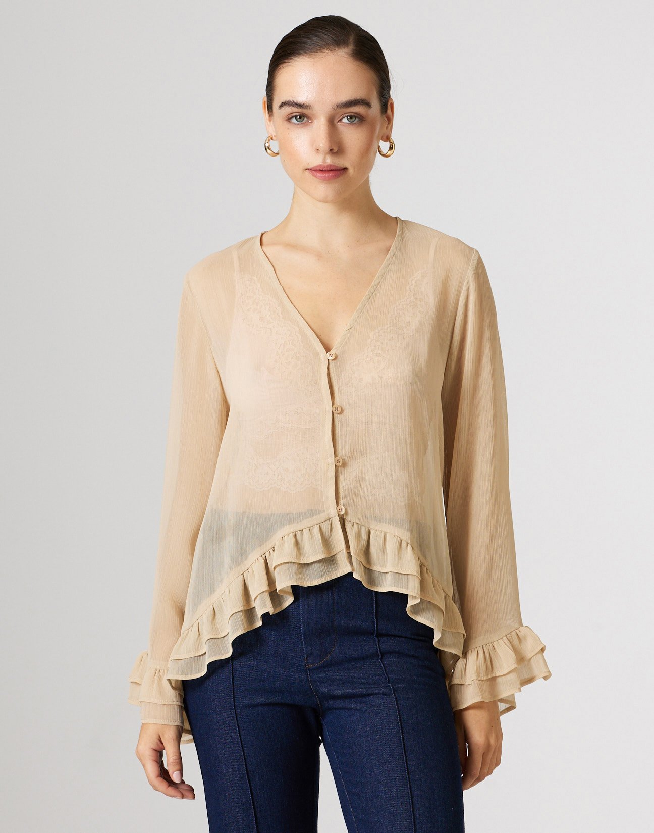 Semi sheer shirt with ruffles