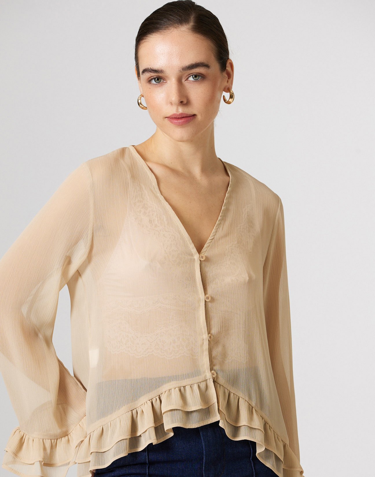Semi sheer shirt with ruffles