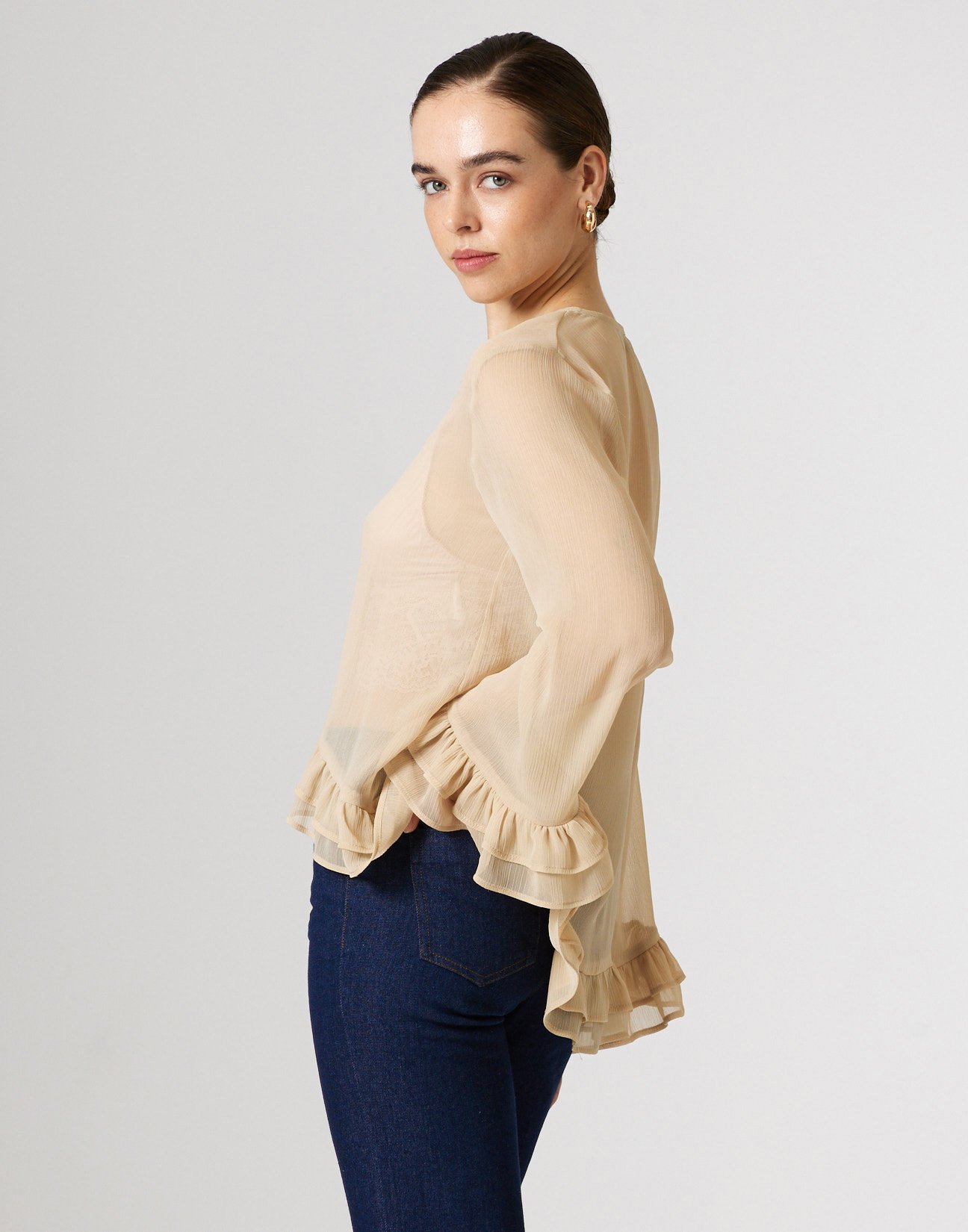 Semi sheer shirt with ruffles