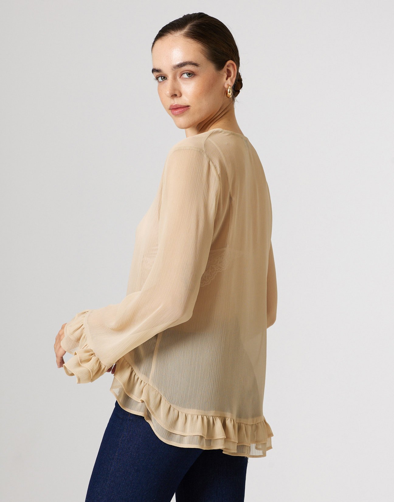 Semi sheer shirt with ruffles