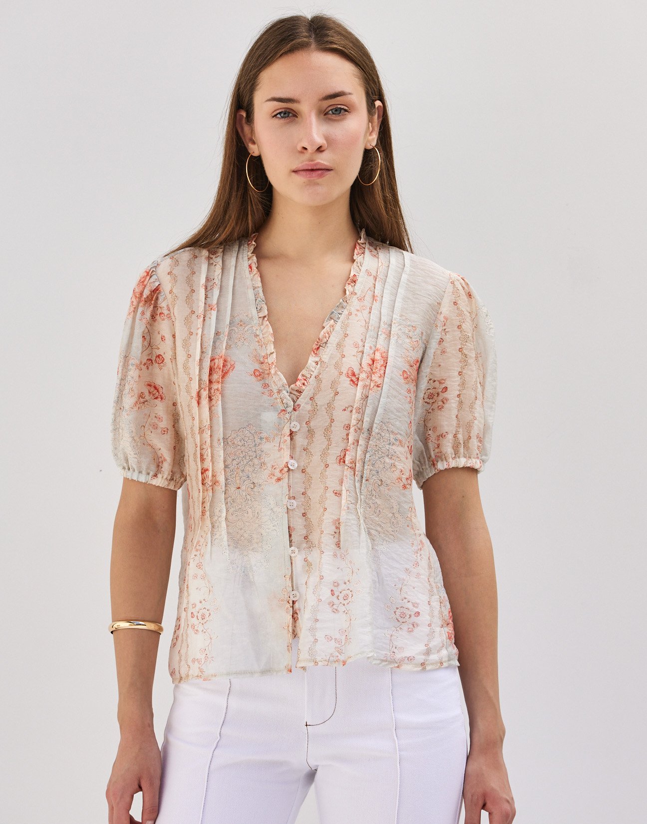 Printed shirt with pleats