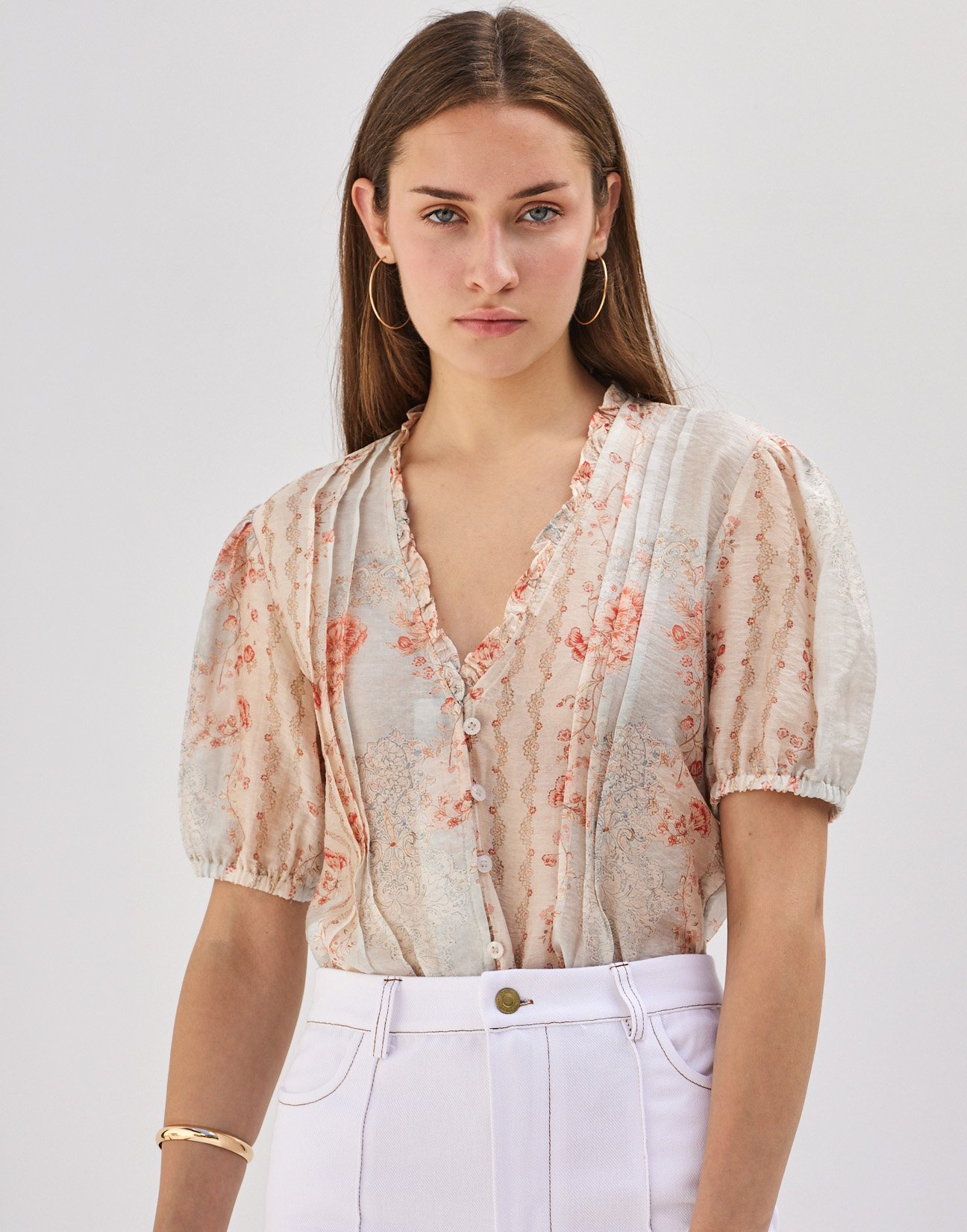 Printed shirt with pleats