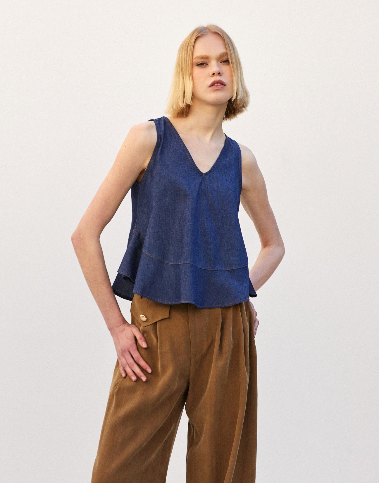 Denim top with ruffle