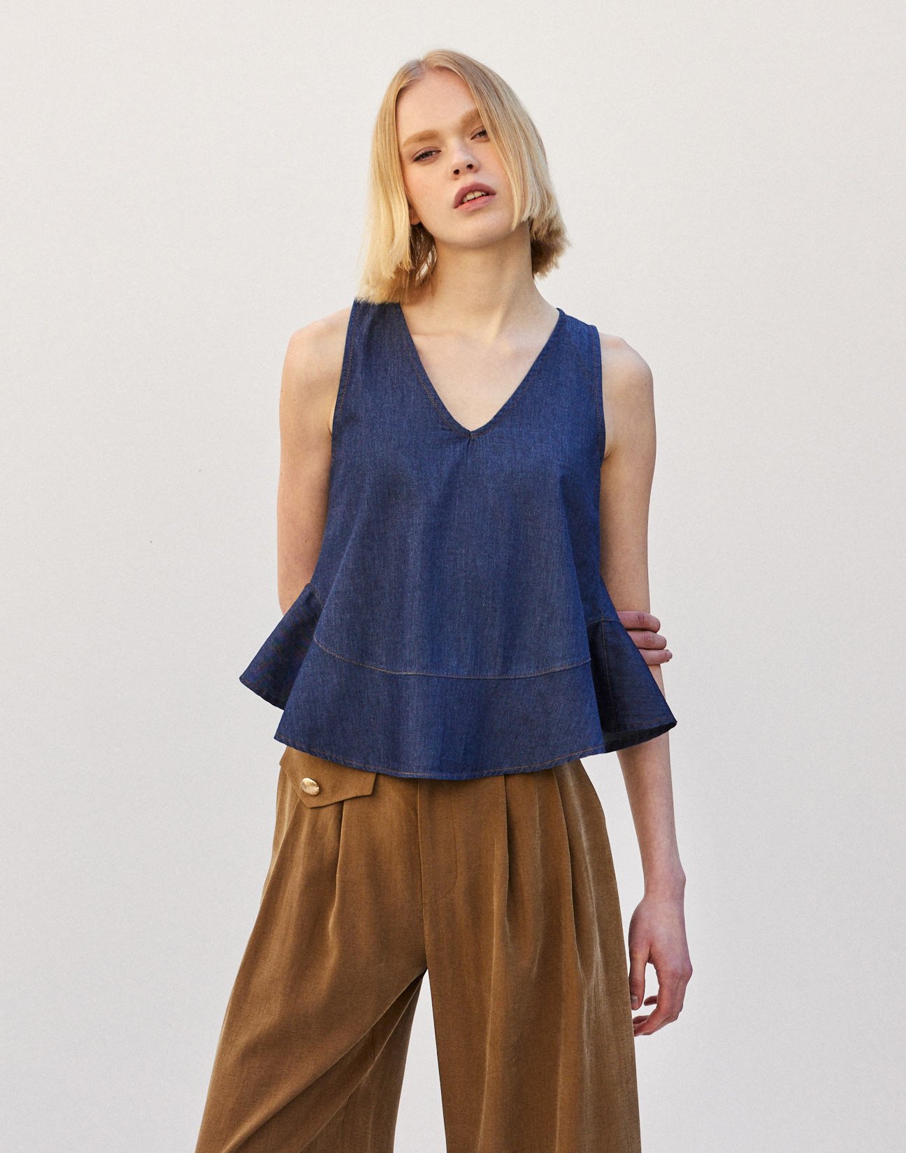 Denim top with ruffle