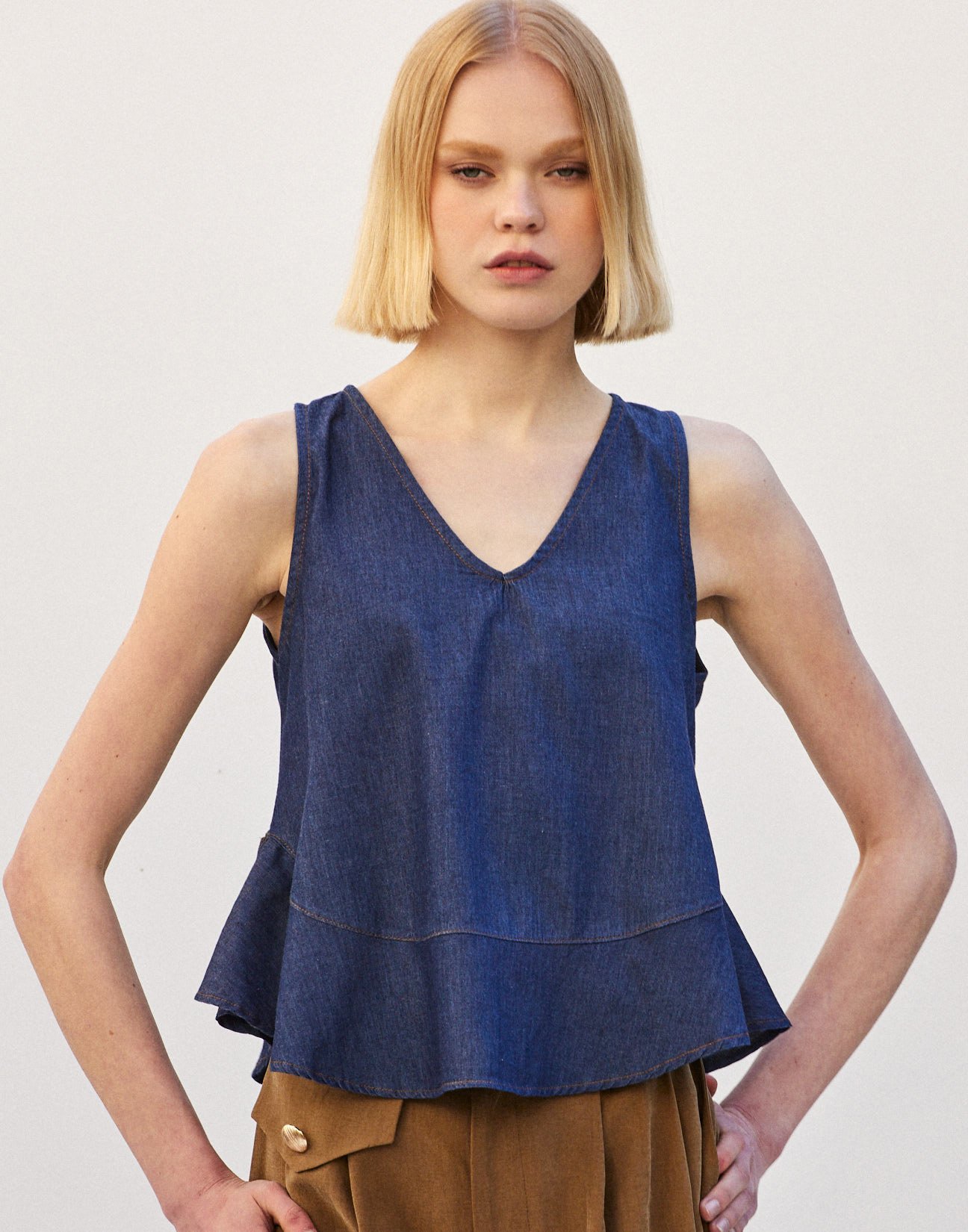 Denim top with ruffle
