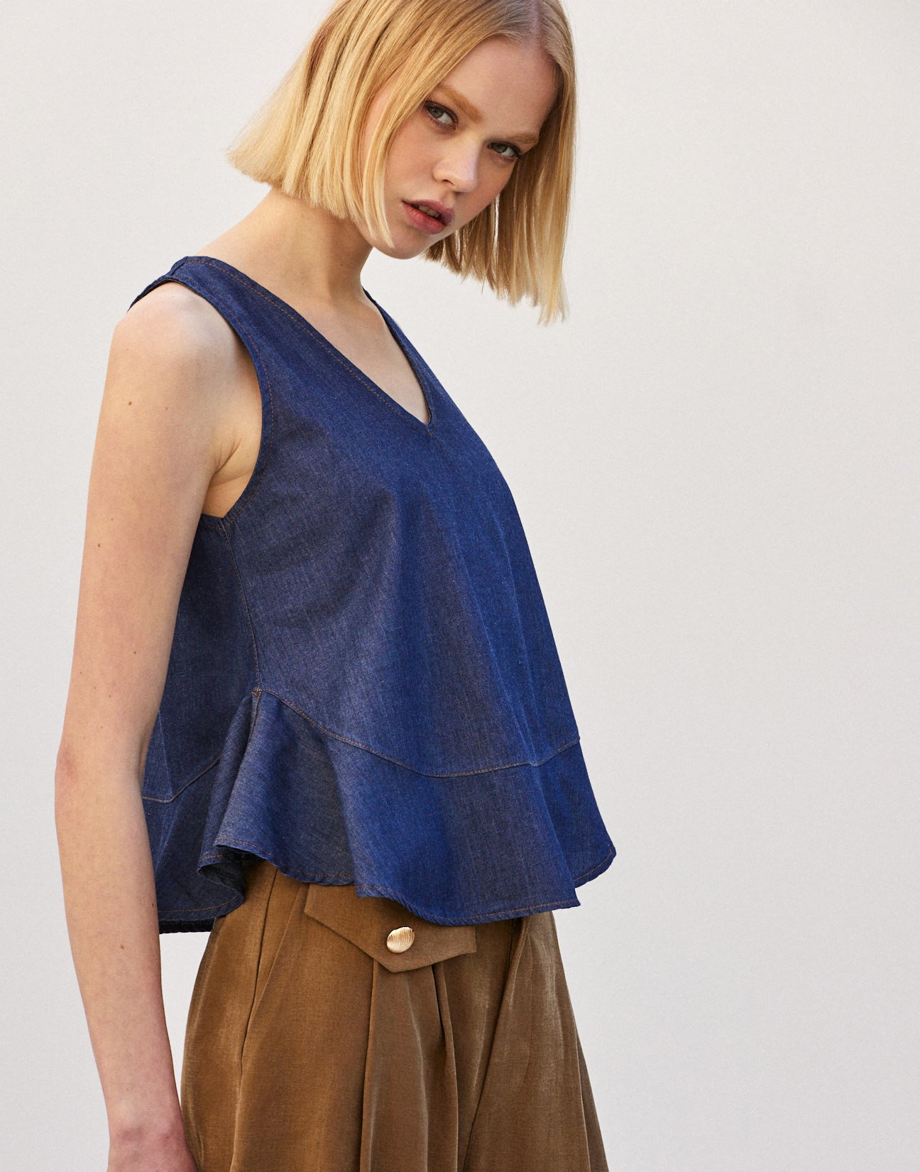 Denim top with ruffle