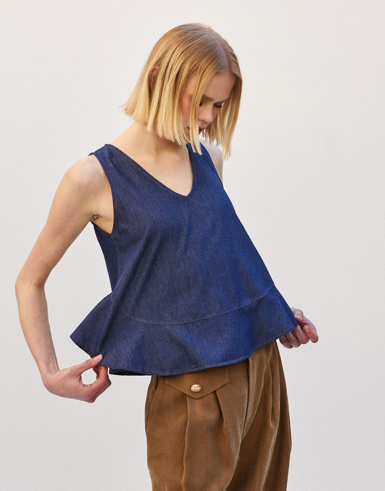 Denim top with ruffle