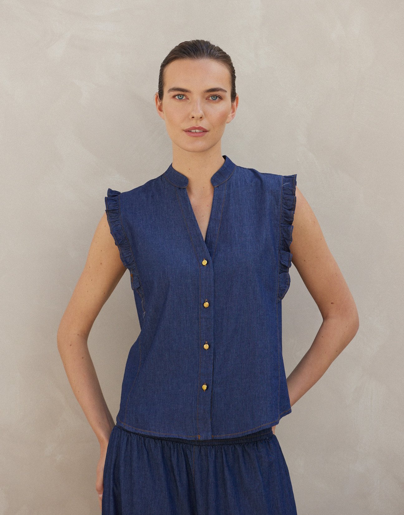 Denim shirt with ruffles