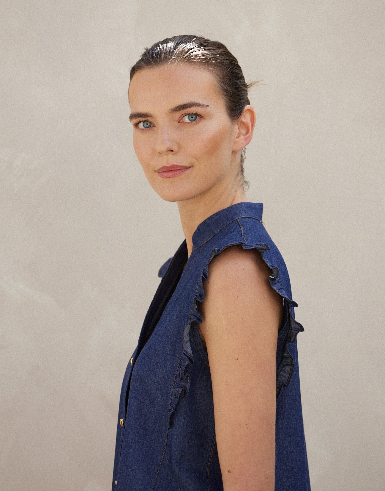 Denim shirt with ruffles