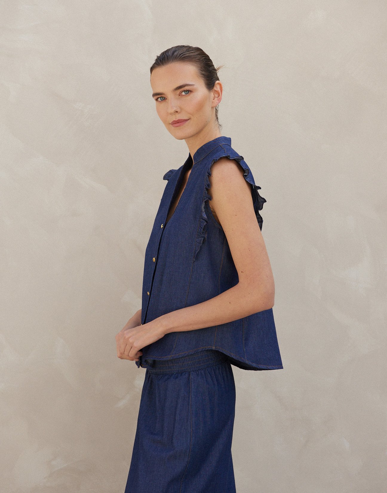 Denim shirt with ruffles