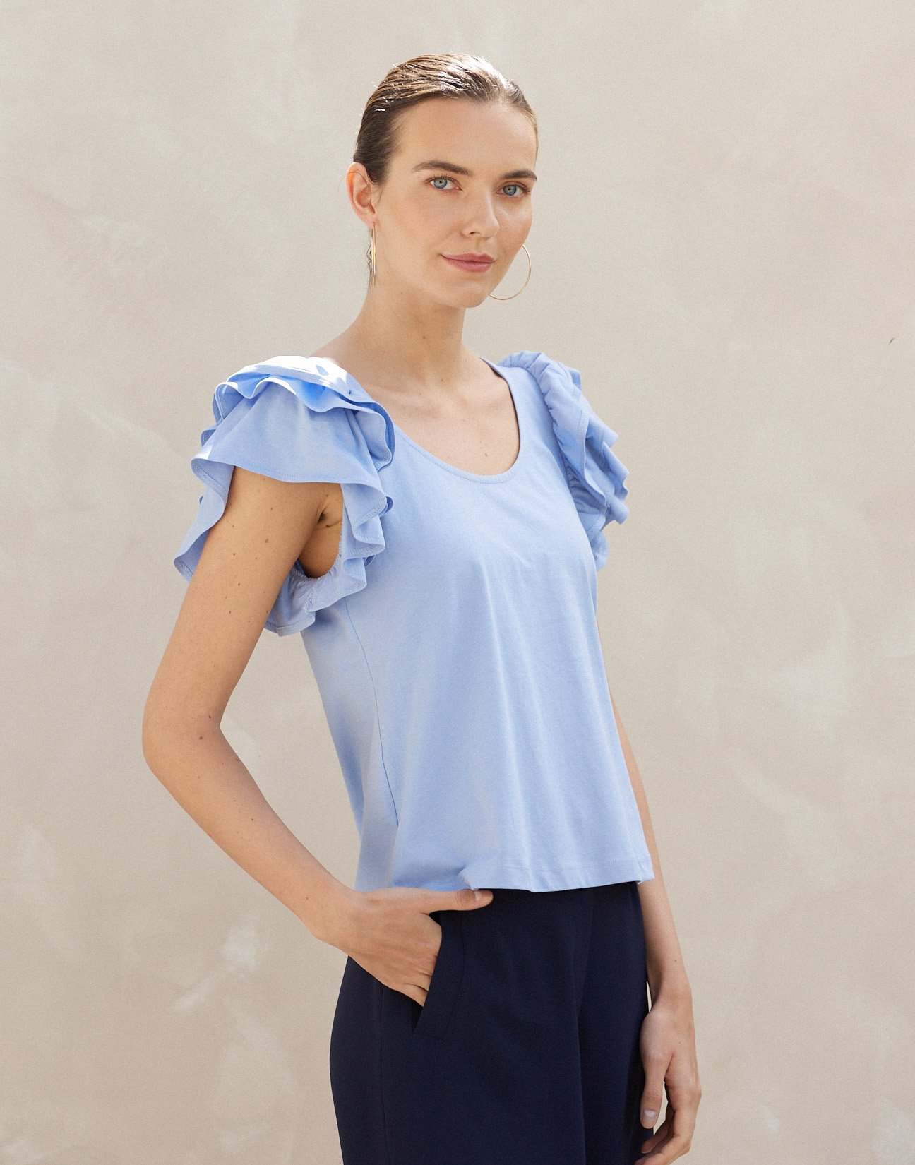 Blouse with double ruffles