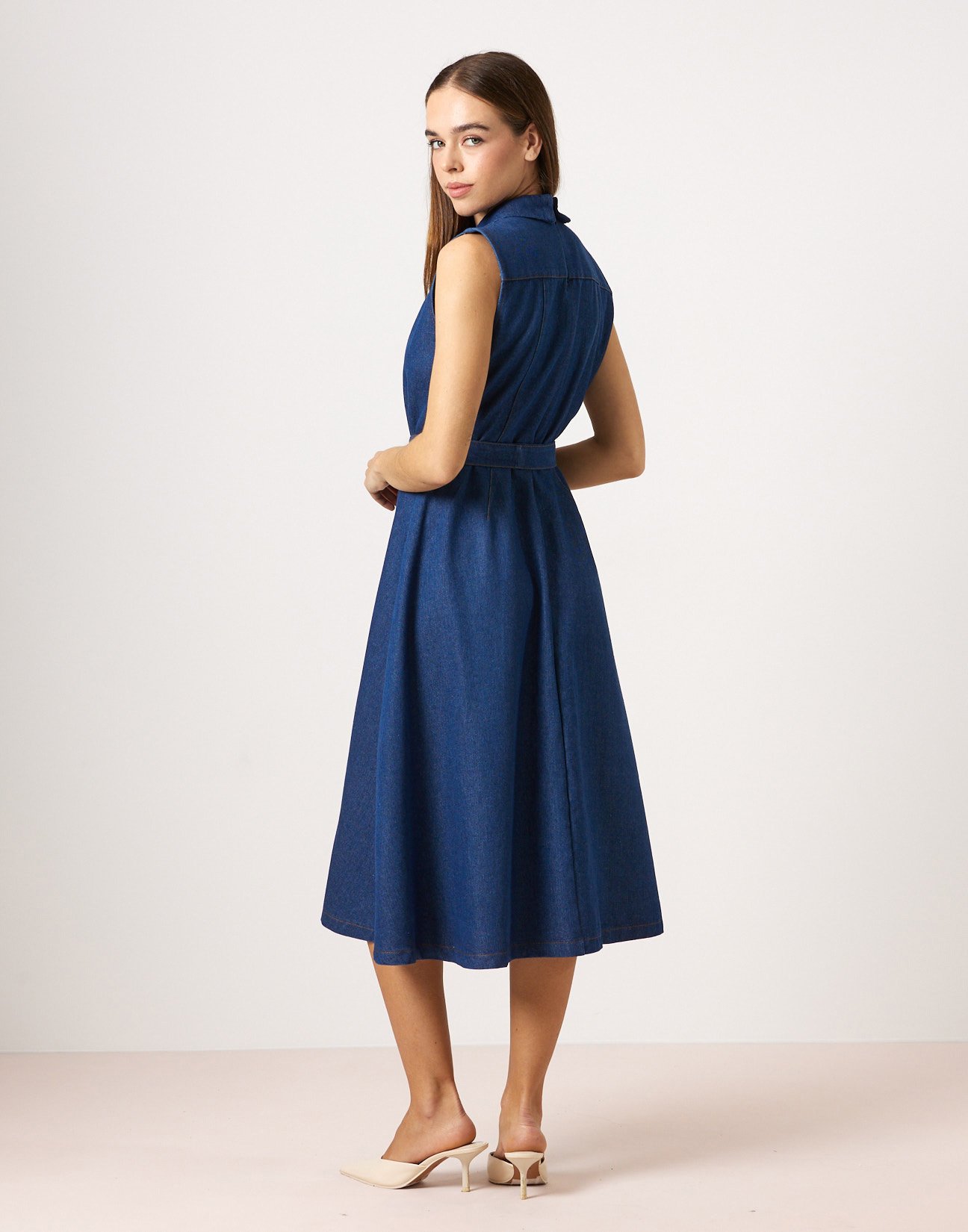 Midi denim dress with collar