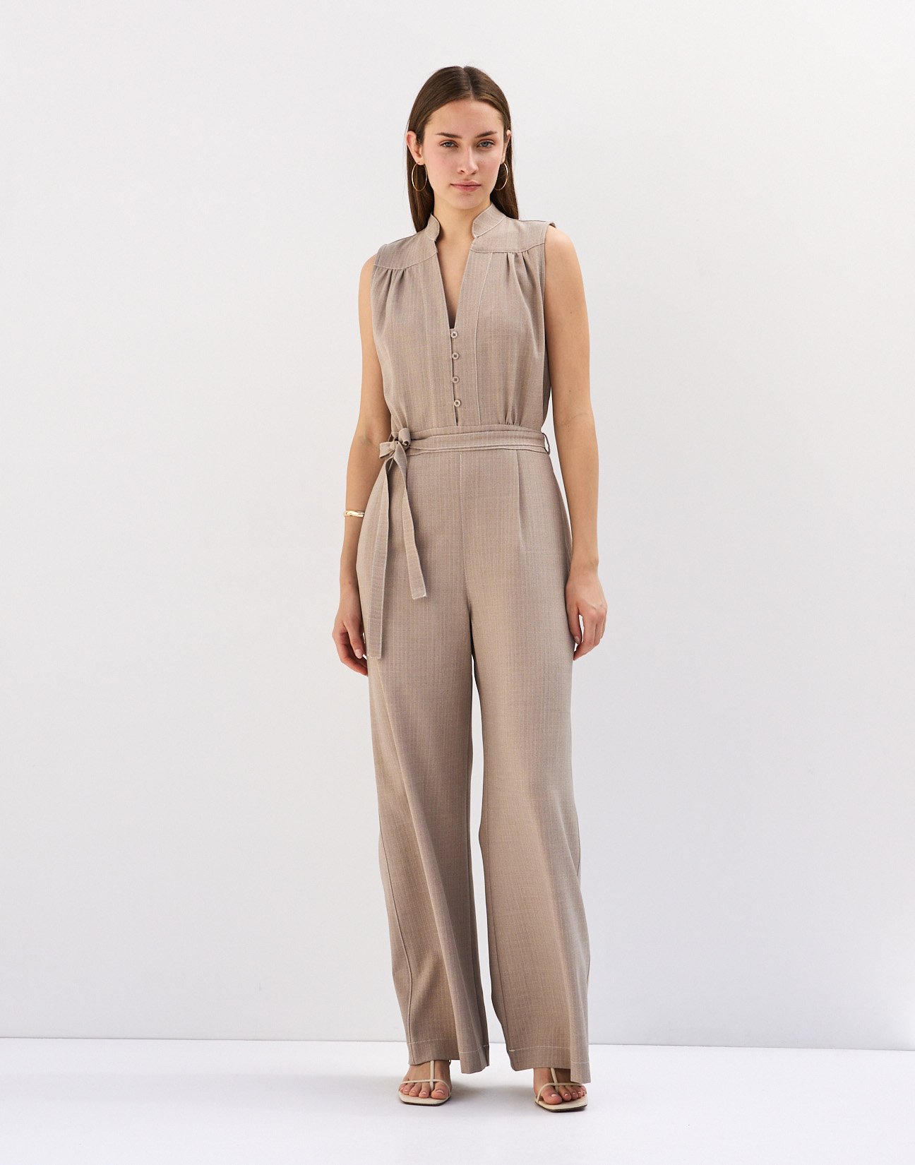 Sleeveless pinstripe jumpsuit