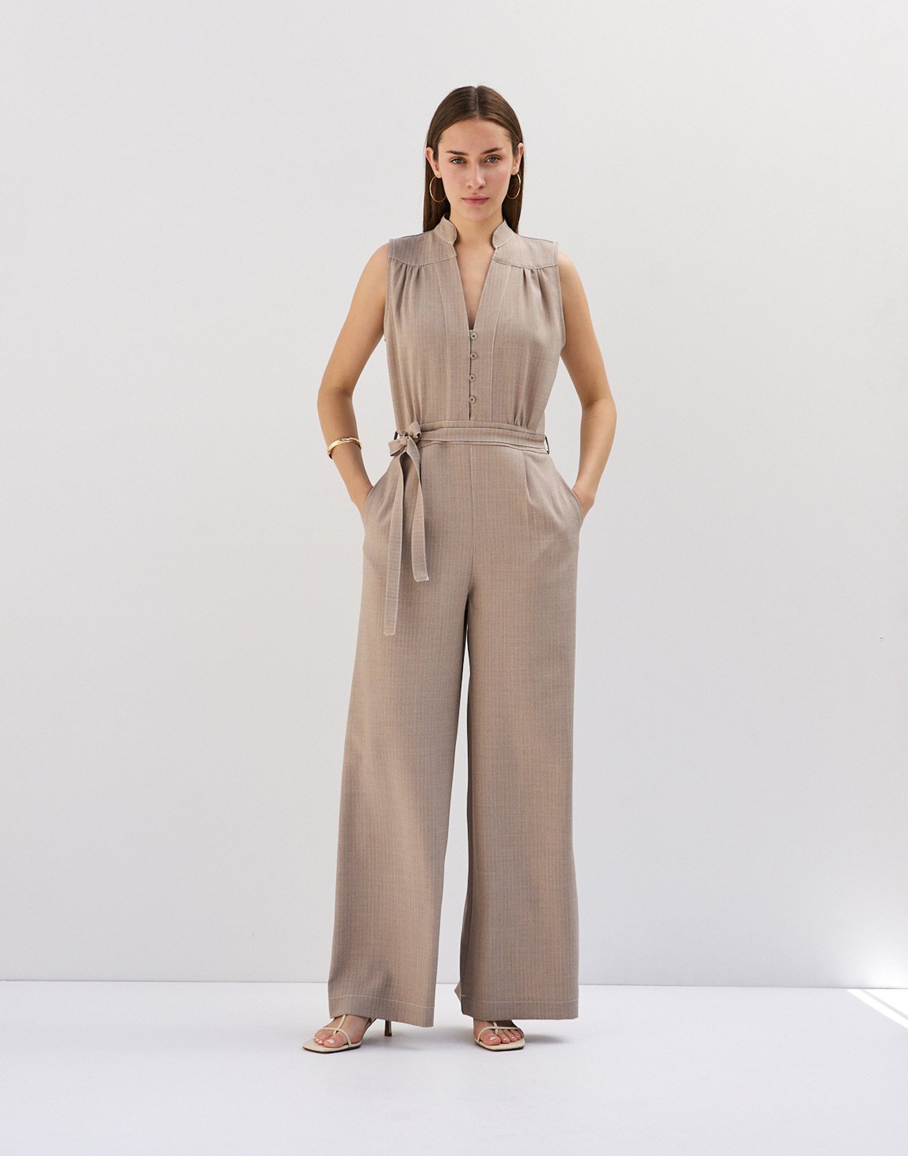 Sleeveless pinstripe jumpsuit