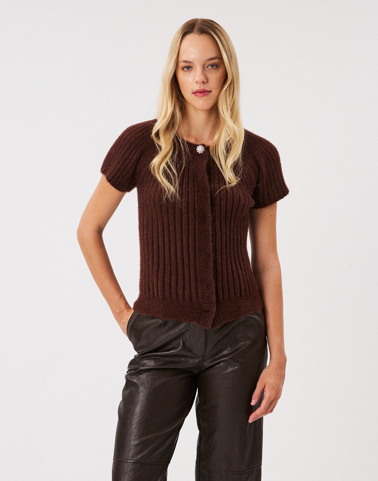 Cardigan with rhinestone button