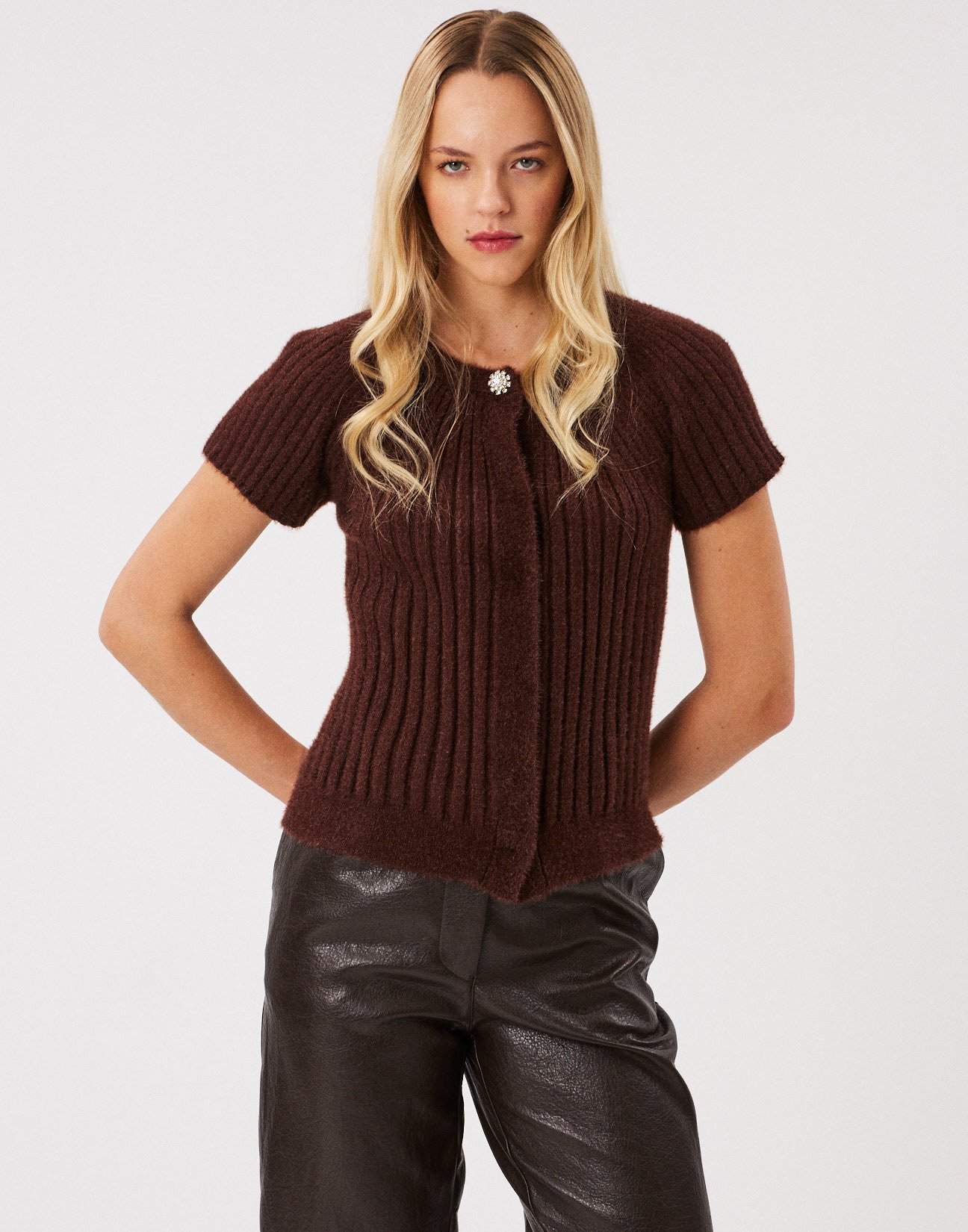 Cardigan with rhinestone button