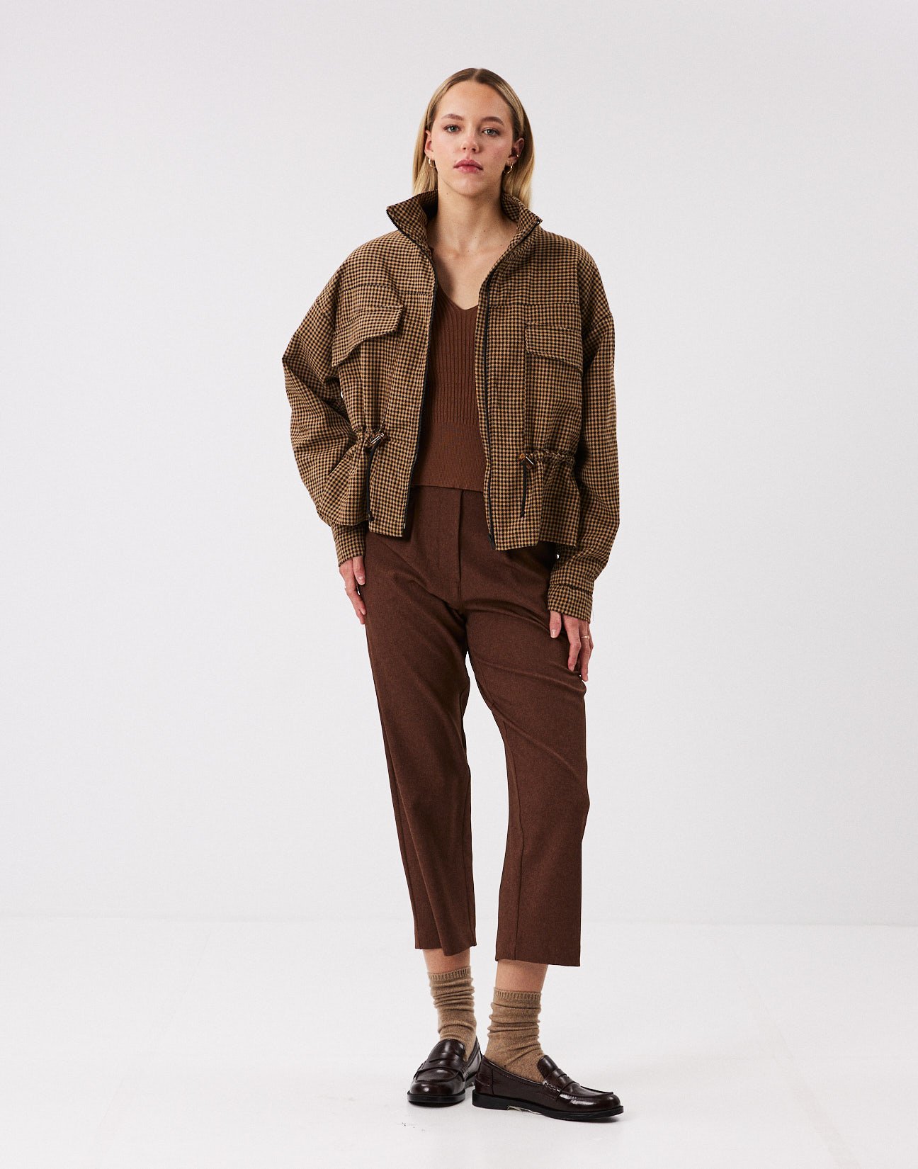 Checked jacket with gather