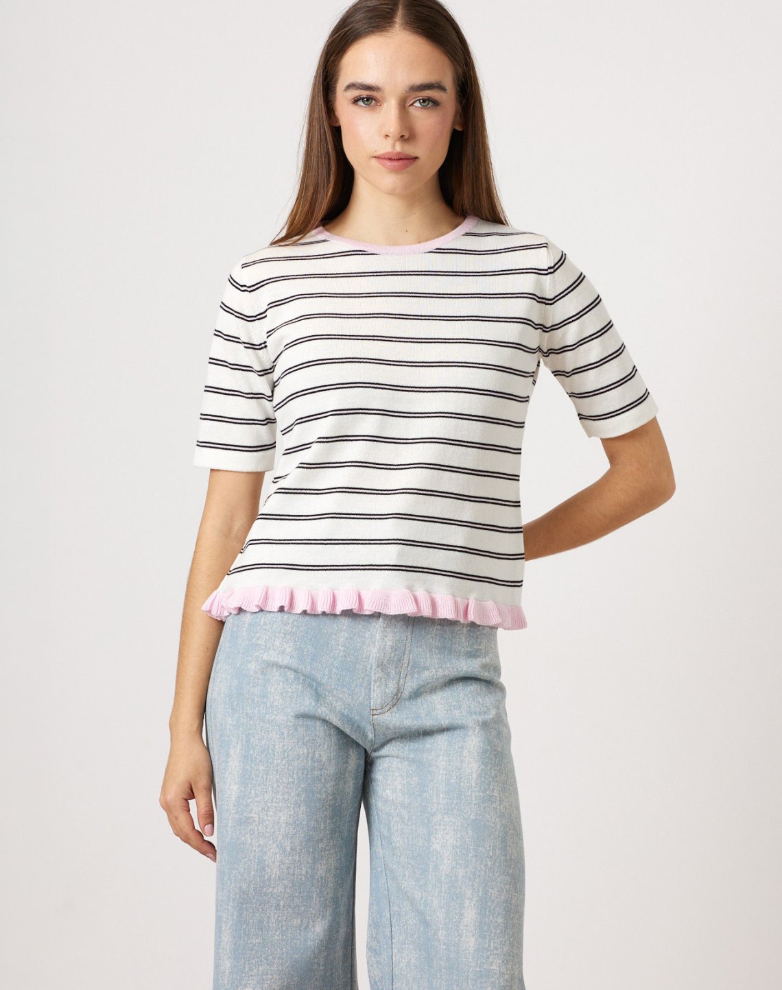 Striped knit blouse with ruffles