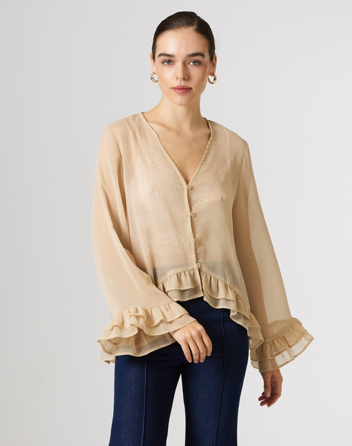 Semi sheer shirt with ruffles