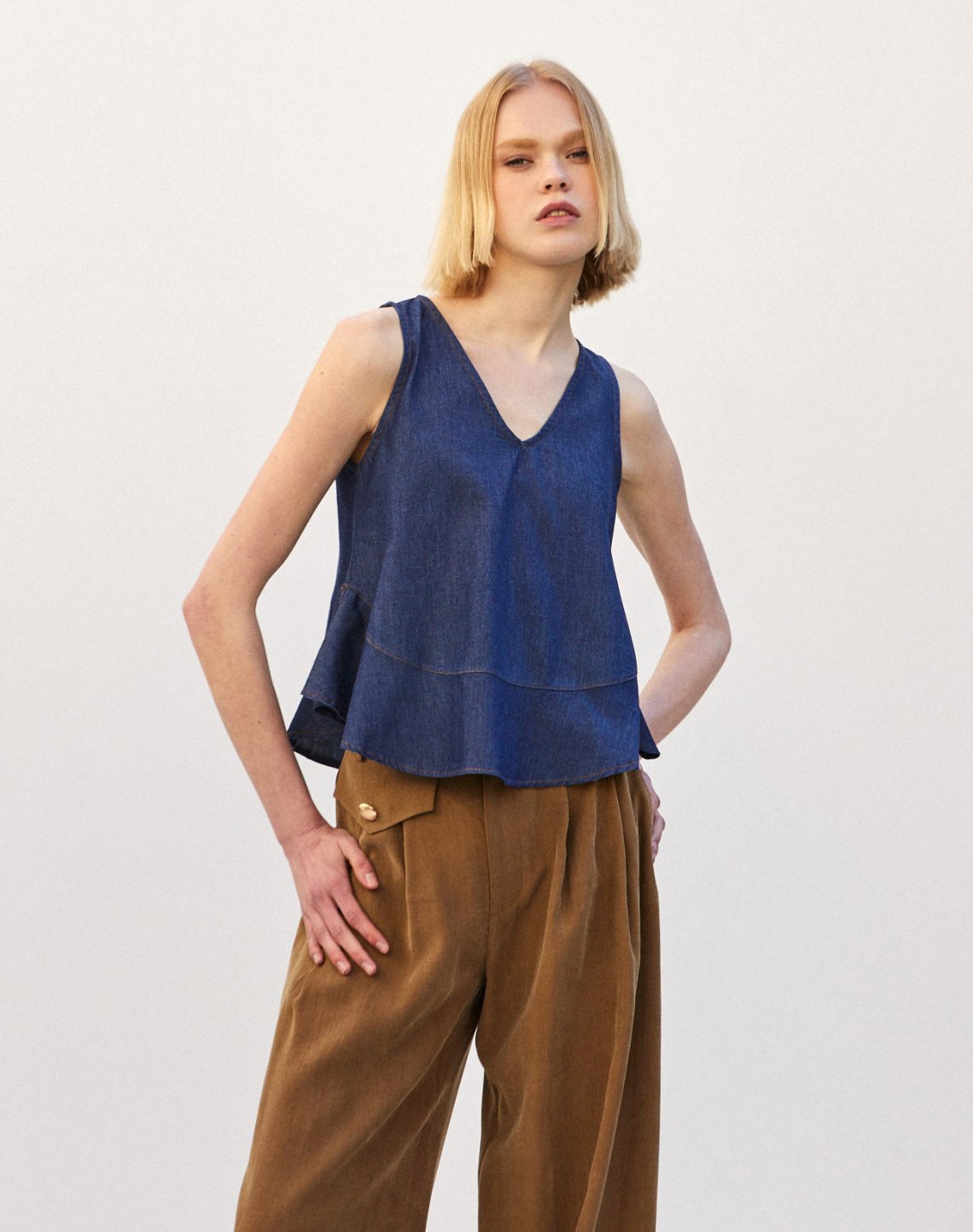 Denim top with ruffle