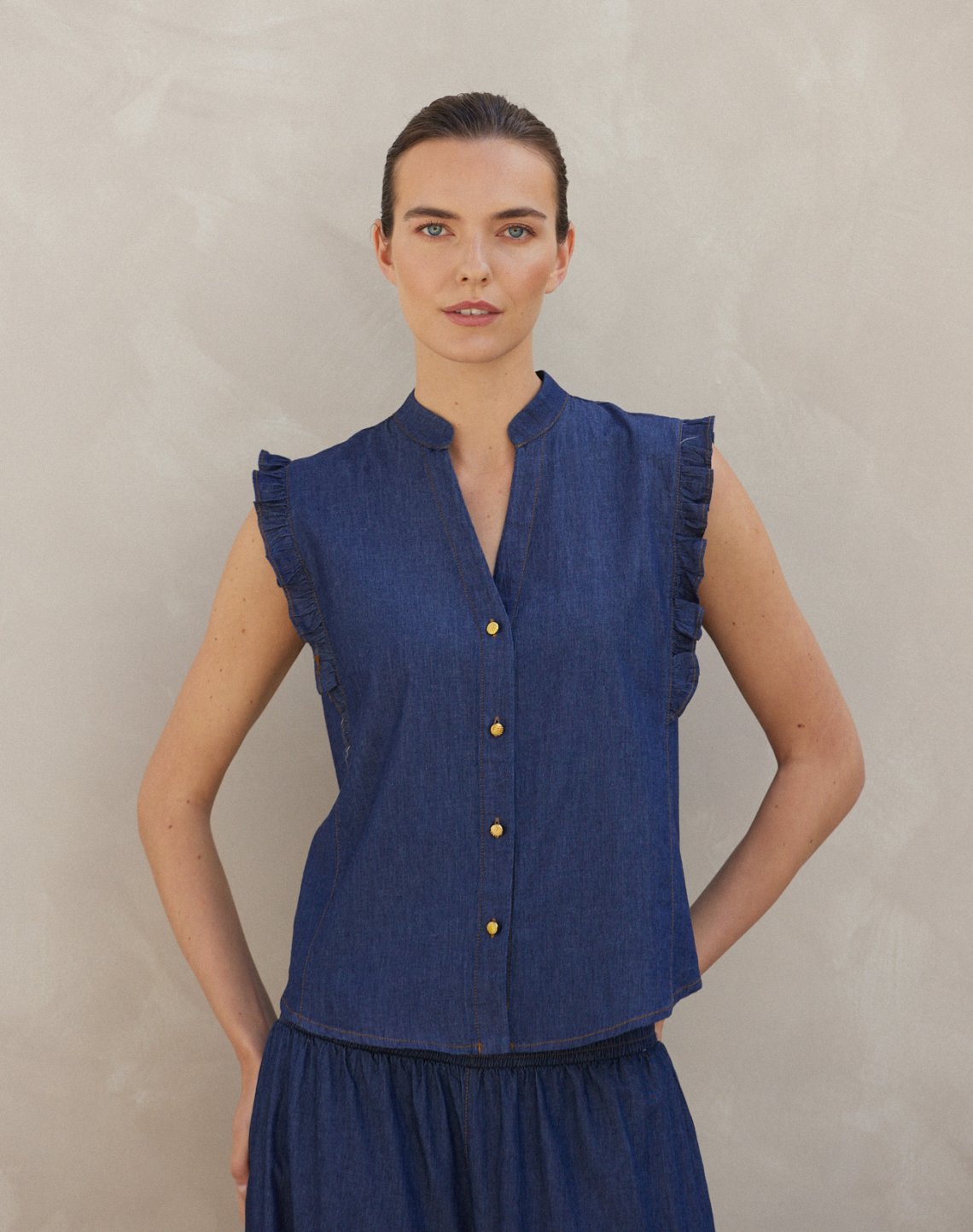 Denim shirt with ruffles